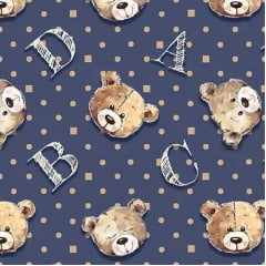 Rostos Urso Fundo Marinho - Coleção Teddy Bear - Fuxicos e Fricotes - Digital - 50cm X 150cm 
